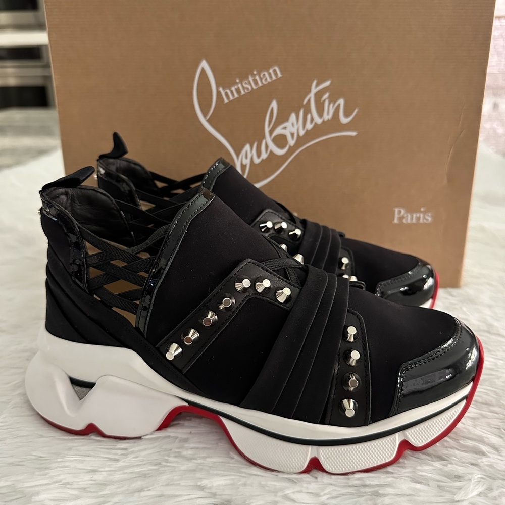 Authentic Christian Louboutin 123 Run Black Studded Sneakers Shoes‎ Sz 35